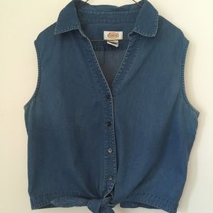 Vintage Denim Tie- Waist Sleeveless Shirt